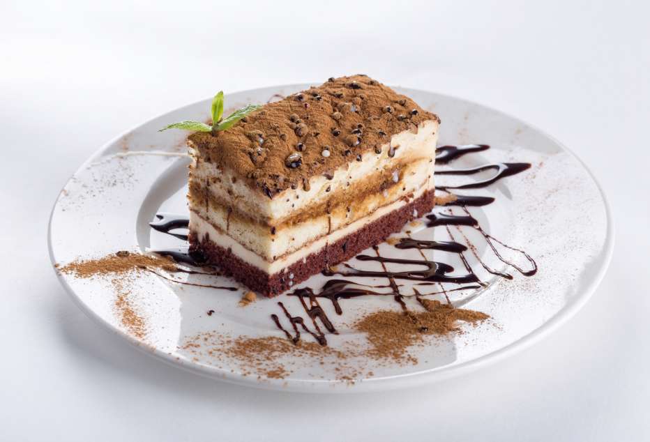 Slice of cake on a white plate with chocolate sauce, compressed to 50 KB